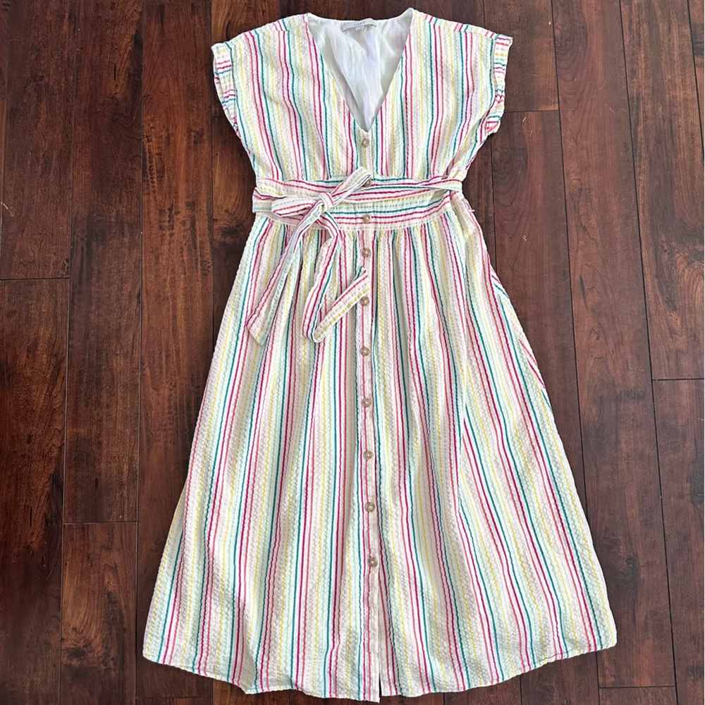 Loft Button Down Tie Waist Midi Dress Muli-stripe Dress 6